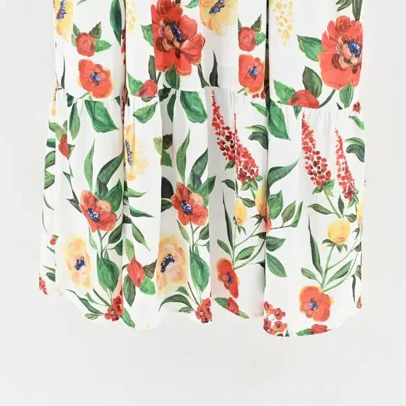 JJS HOUSE Floral Maxi Dress‎ Size XL White Tiered Ruffle Square Neck Cottagecore